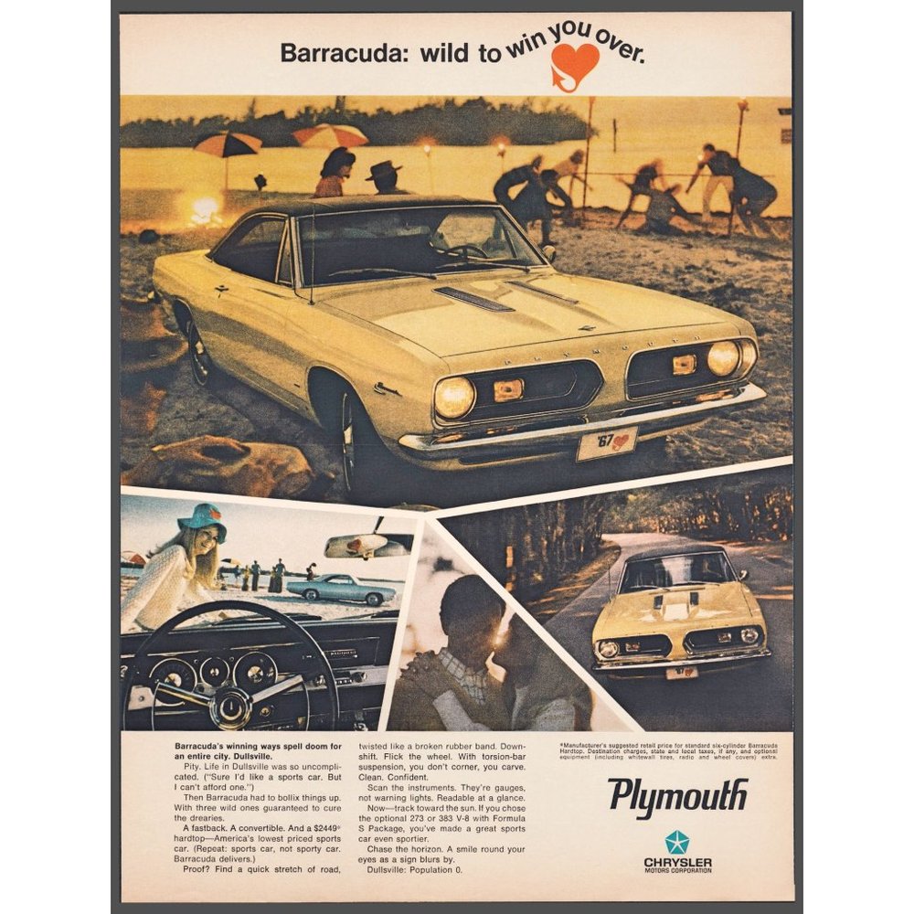 1967 Plymouth Barracuda Hardtop Vintage Print Ad Beach Sunset Limbo Wall Art